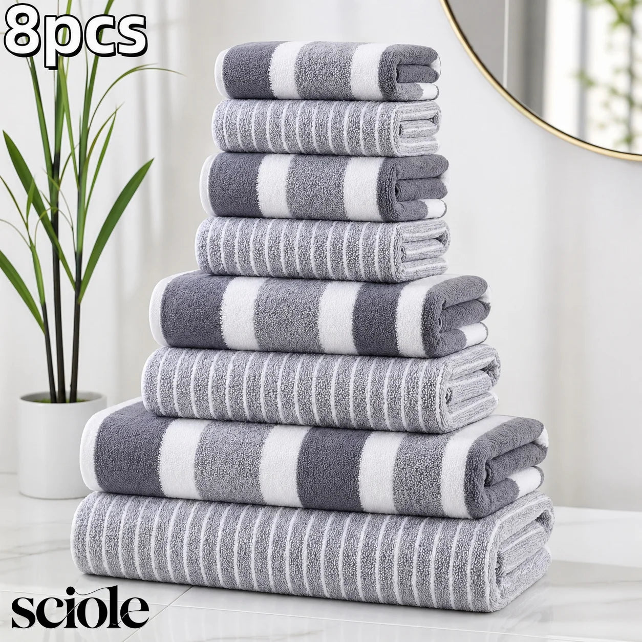 8 Piece Ultra Absorbent Microfiber Towel Set Two Tone Striped