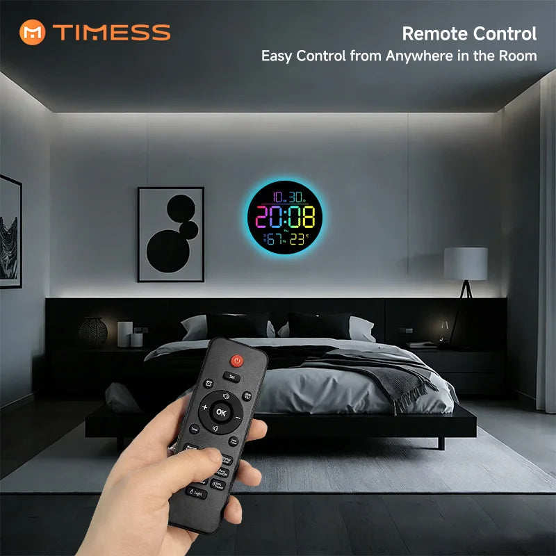 TIMESS RGB LED Digital Wall Clock With Remote Date Temperature
