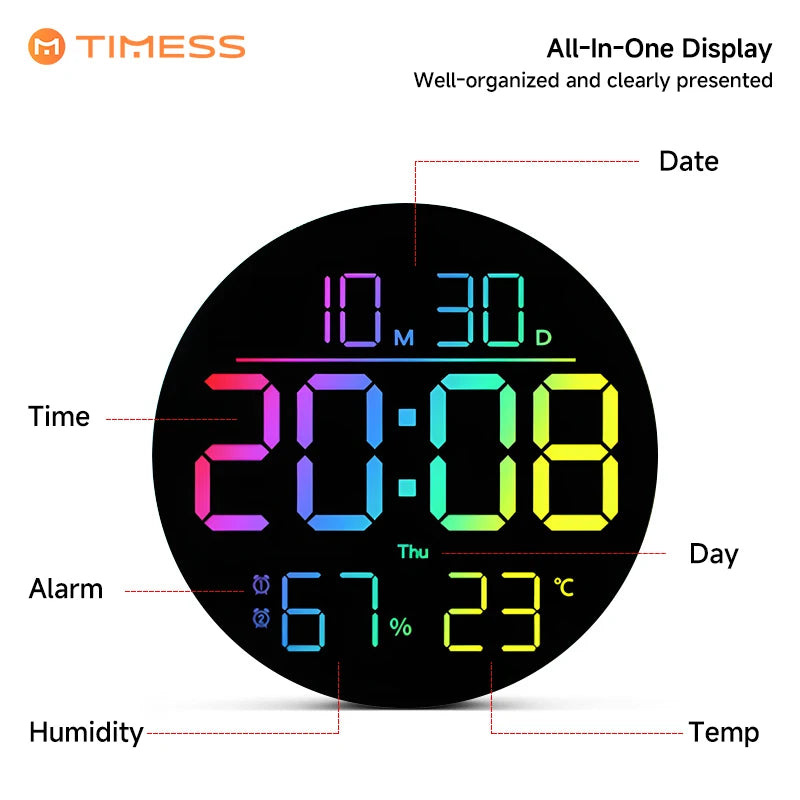 TIMESS RGB LED Digital Wall Clock With Remote Date Temperature