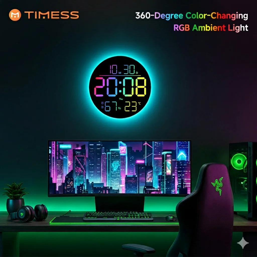 TIMESS RGB LED Digital Wall Clock With Remote Date Temperature