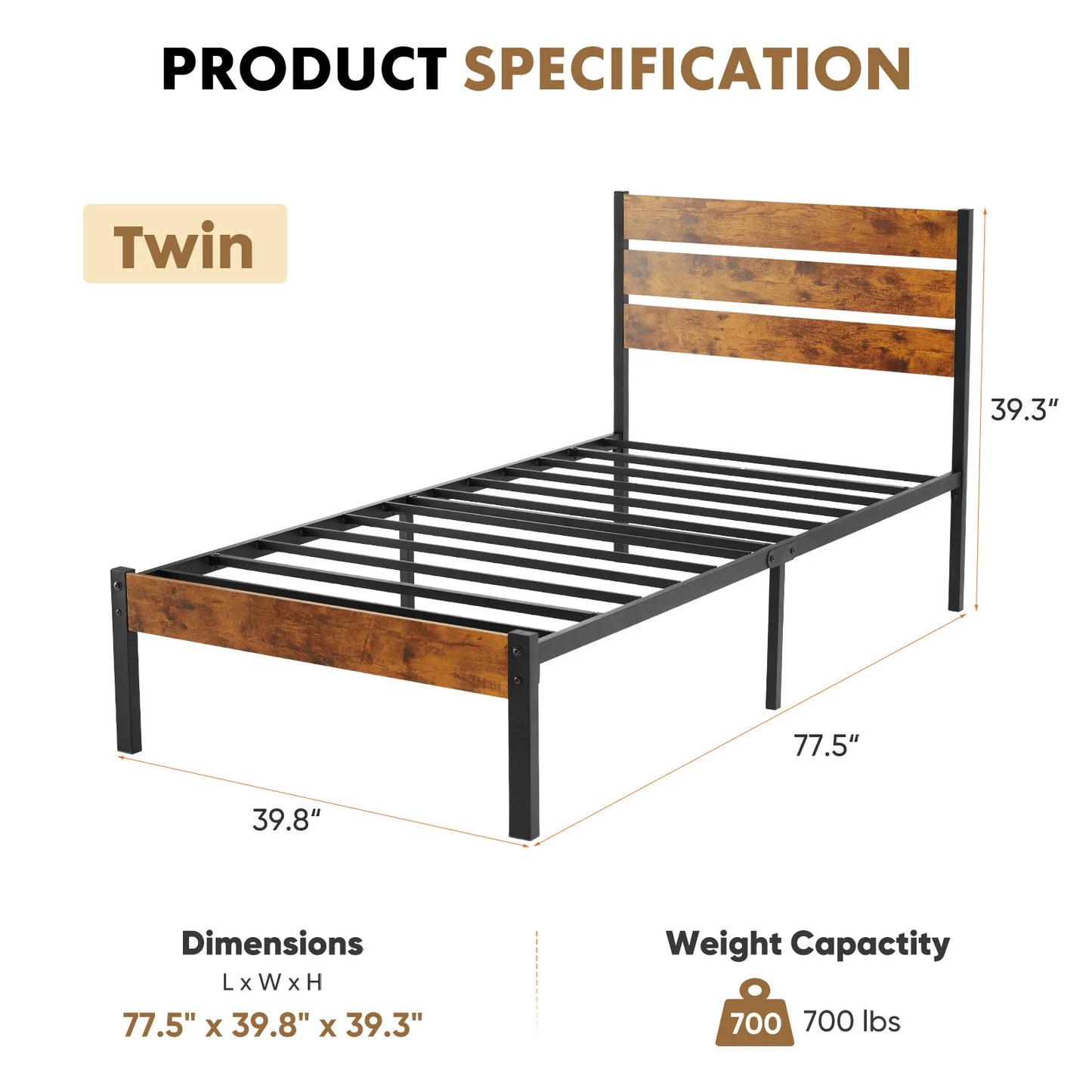 JHK 800 Lbs Platform Bed Frame With Headboard And Footboard