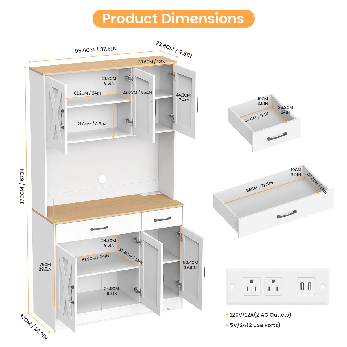 Huisenitre Freestanding Kitchen Pantry With Charging Station And Shelves