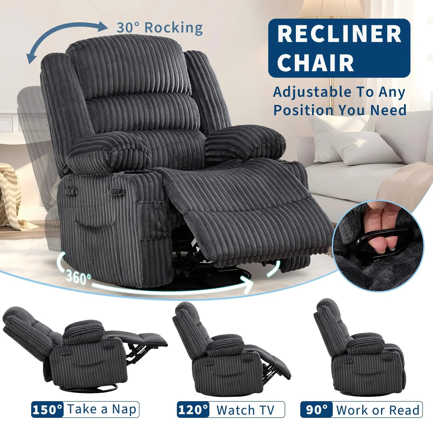 HiMISS 360° Swivel Rocking Glider Chair With Cup Holder