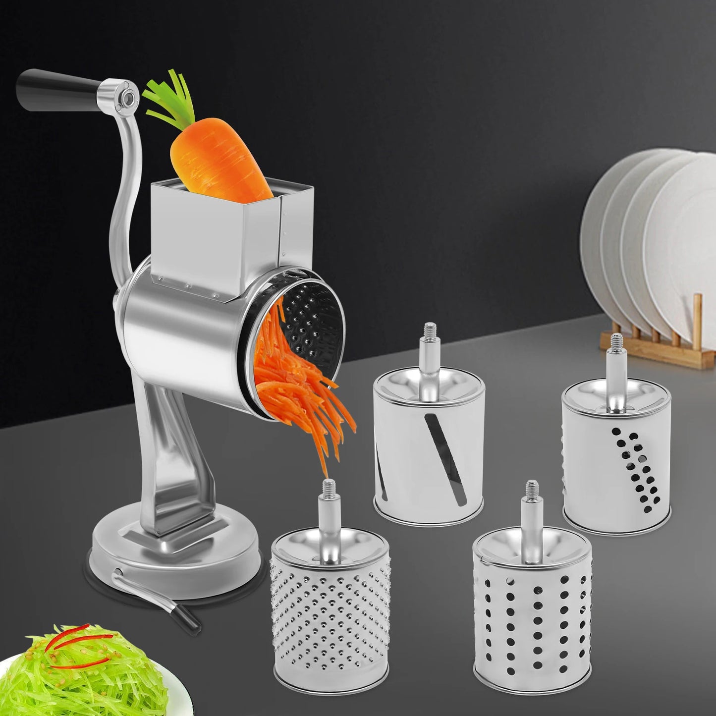 Rotary Grater With 5 Stainless Steel Blades For Vegetables