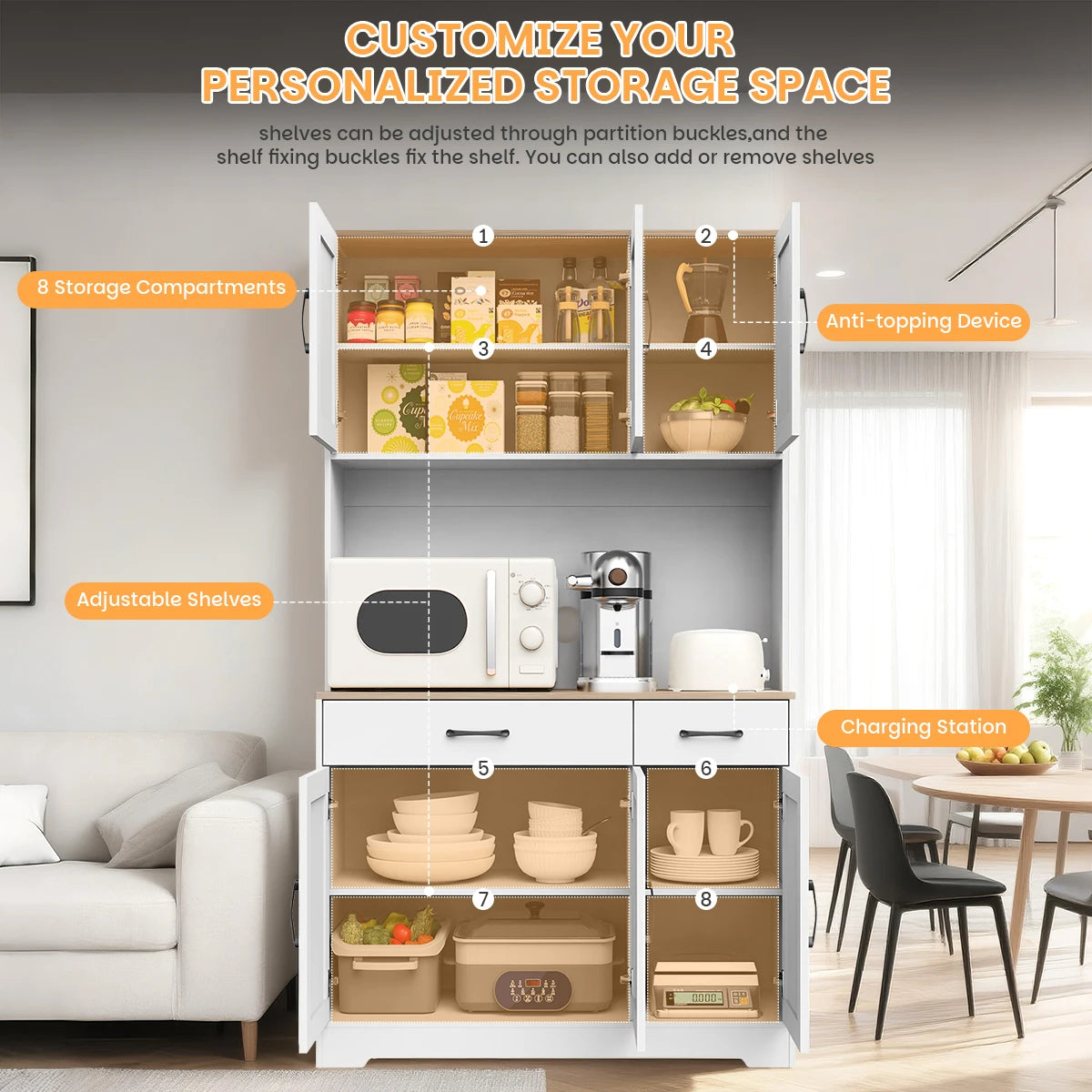 Huisenitre Freestanding Kitchen Pantry With Charging Station And Shelves