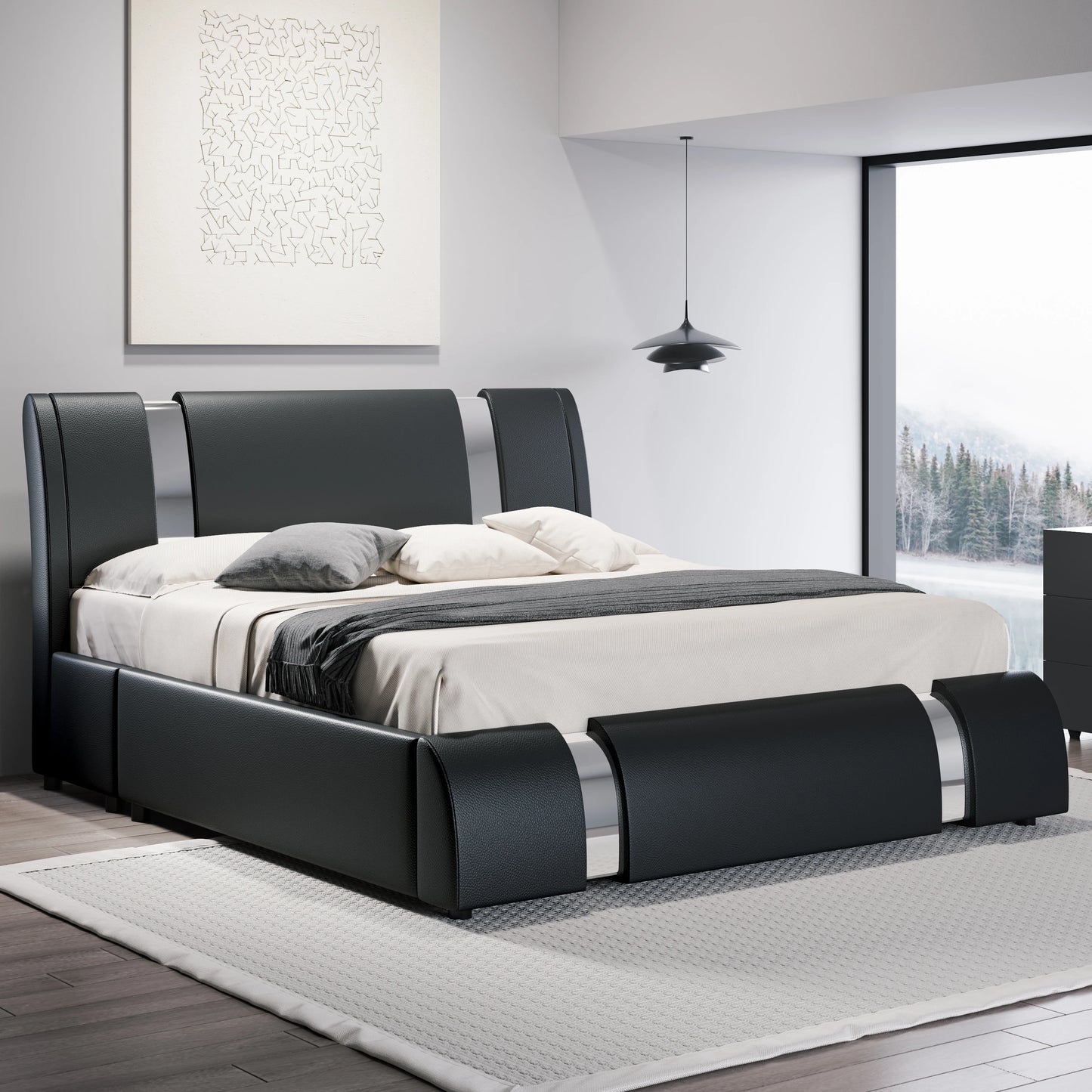 HOOMIC Modern Faux Leather Bed Frame With Adjustable Headboard