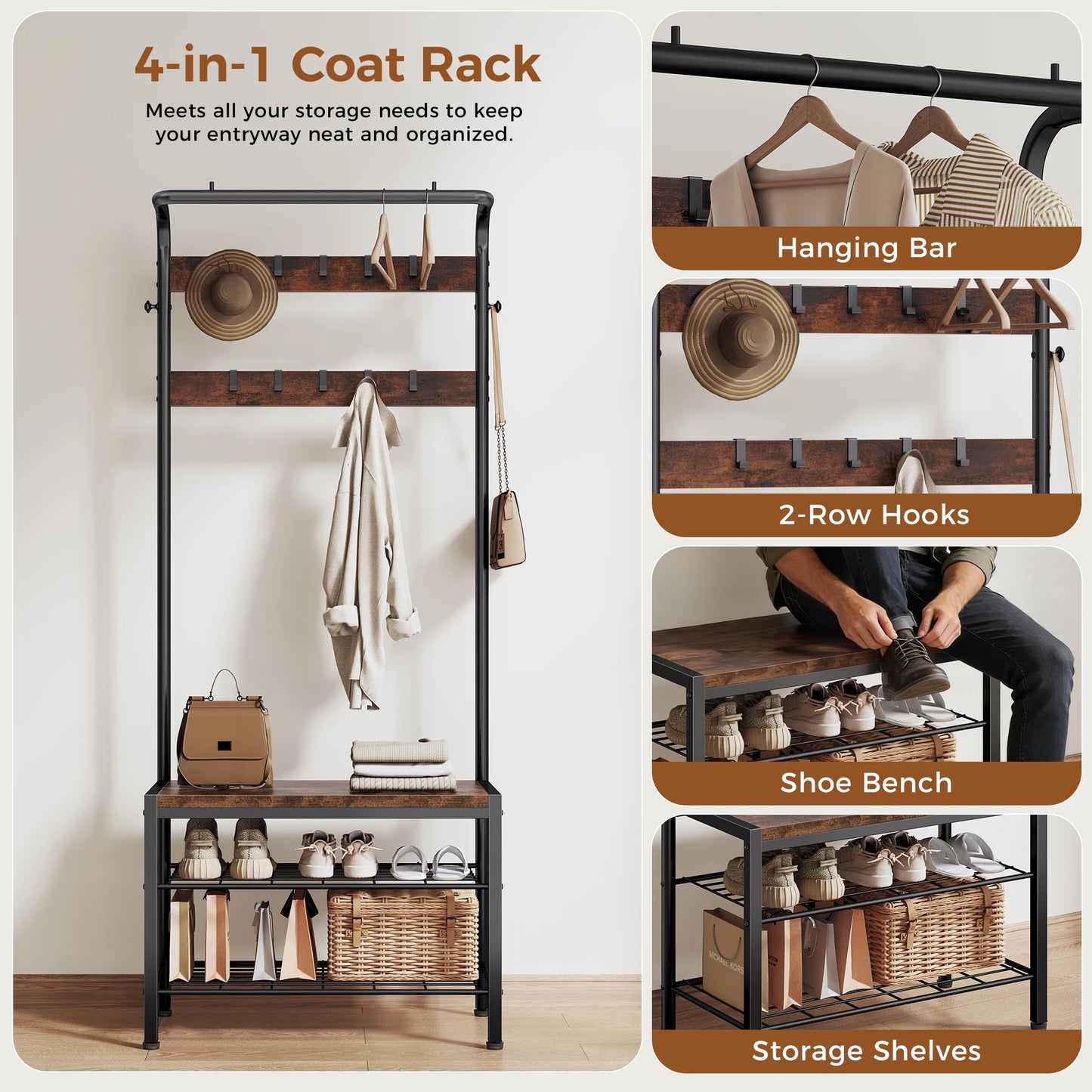 JHK 4-In-1 Coat Rack With Shoe Bench And Entryway Storage