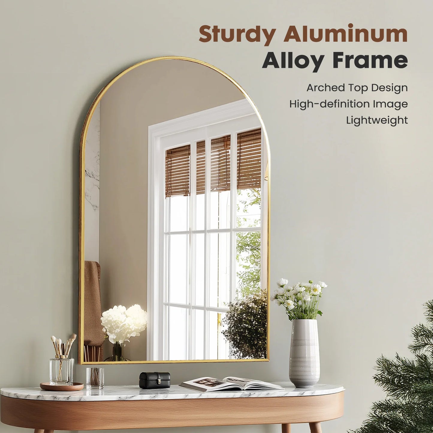 JHK Arched Metal Framed Bathroom Mirror for Wall Mounting Modern Decor