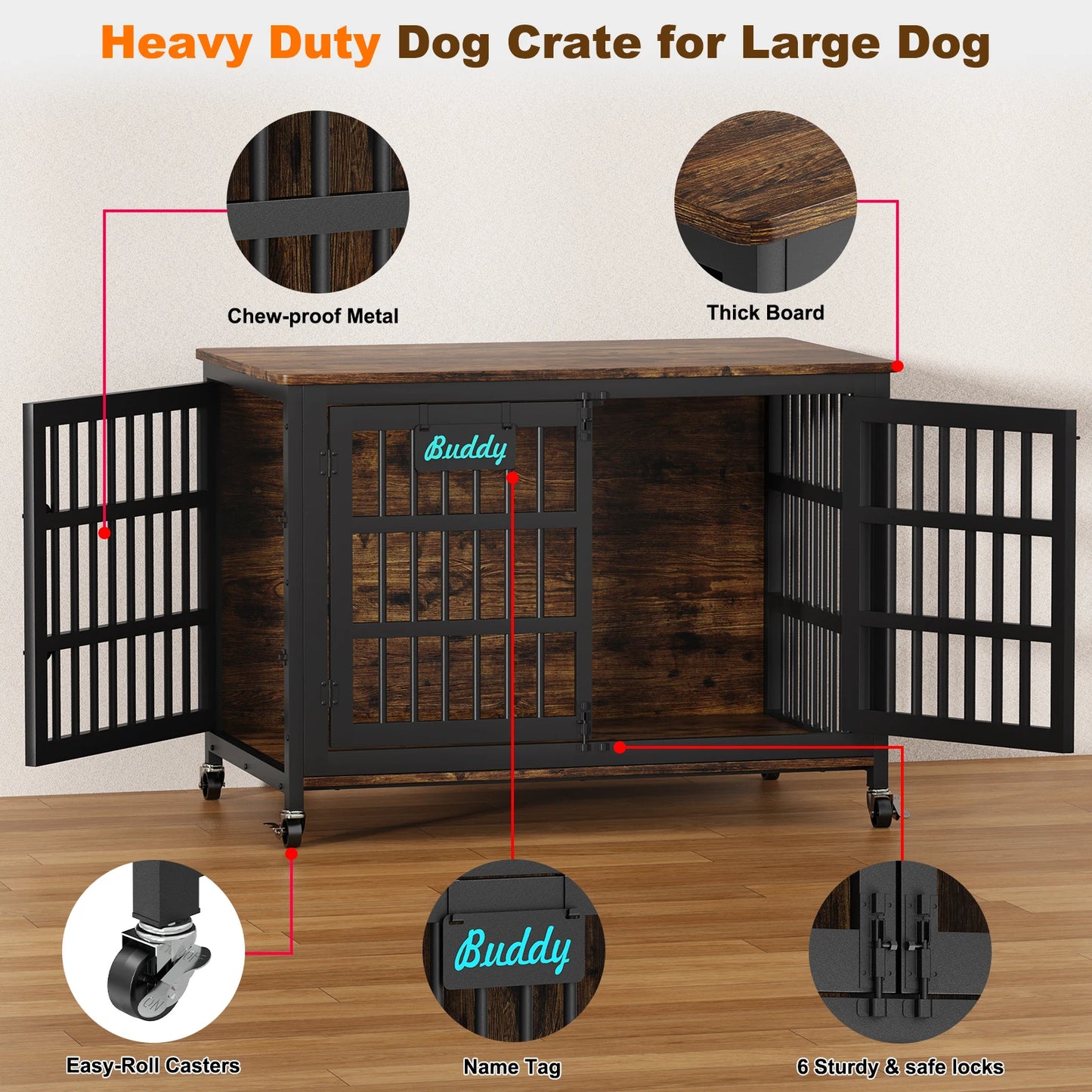 Casters Dog Crate Furniture Heavy Duty Kennel for Indoor Use