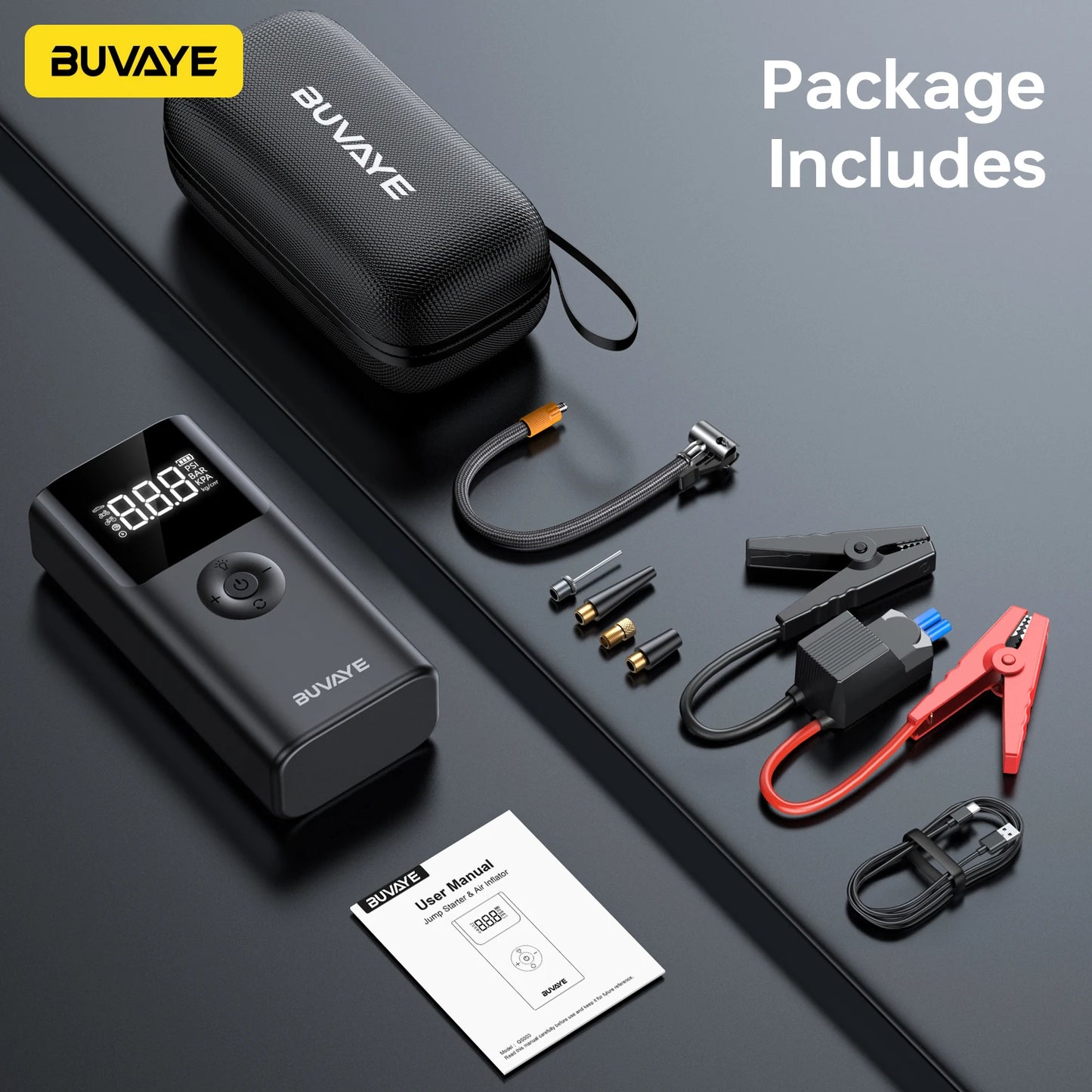 BUVAYE 12V Car Jump Starter With 150PSI Air Compressor