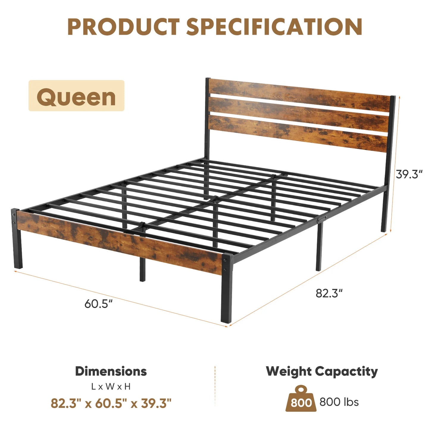 MCQ Wooden Headboard Metal Platform Bed Frame With 700 Lbs