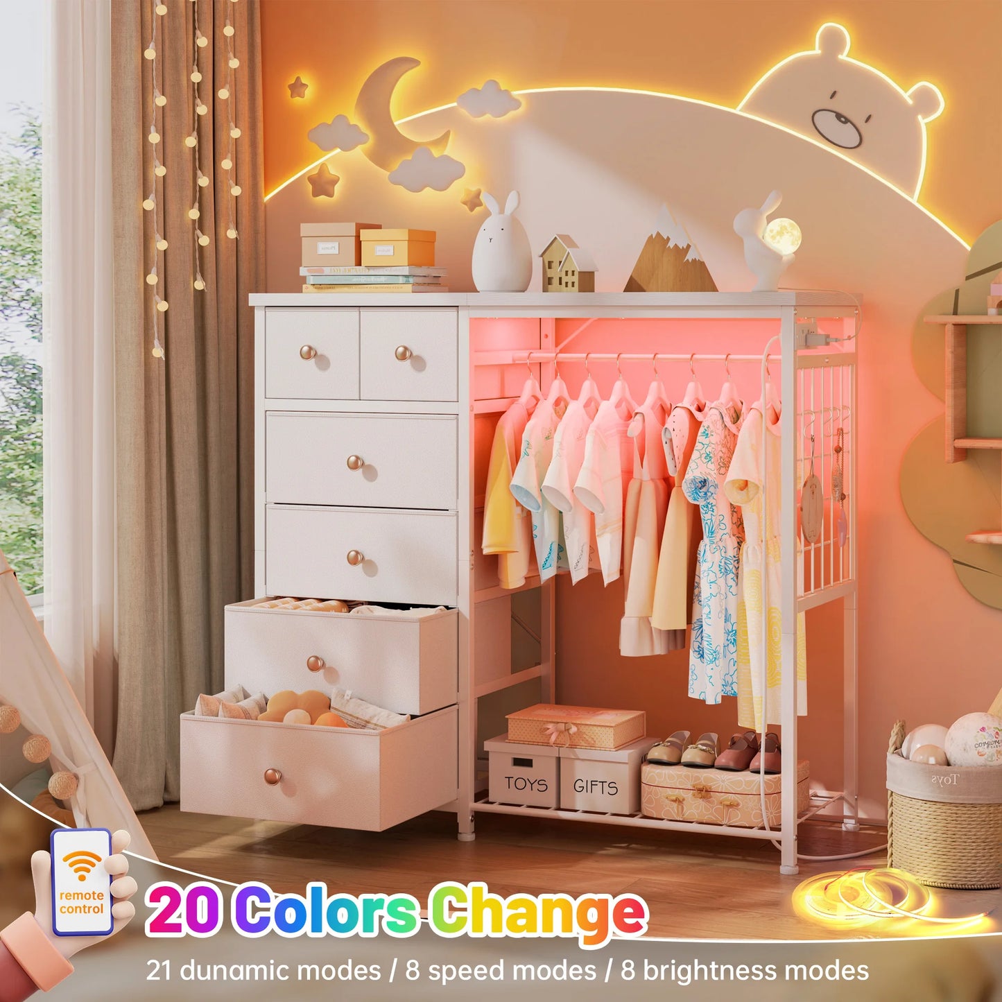 EnHomee 6-Drawer Fabric Dresser With Hanging Rack And Grid Panel
