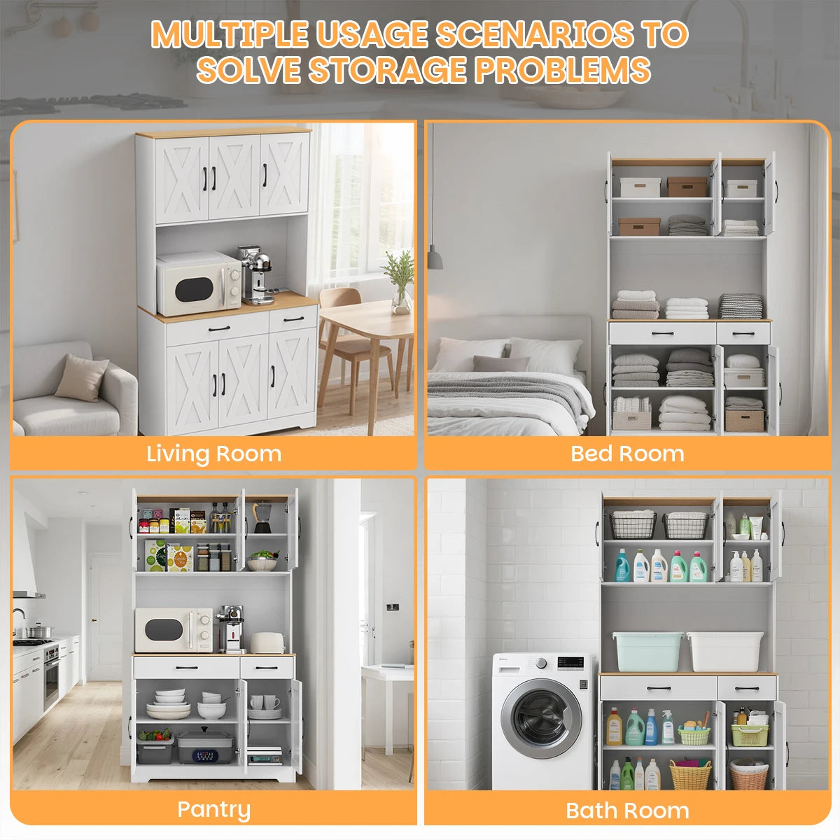 Huisenitre Freestanding Kitchen Pantry With Charging Station And Shelves