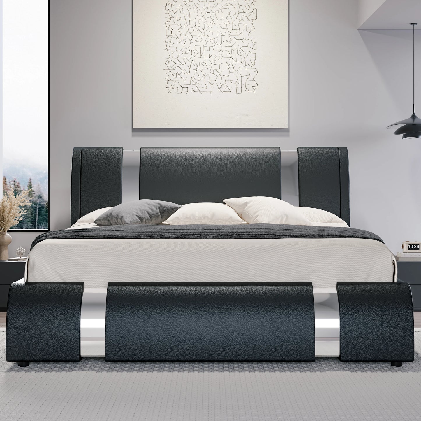 HOOMIC Modern Faux Leather Bed Frame With Adjustable Headboard