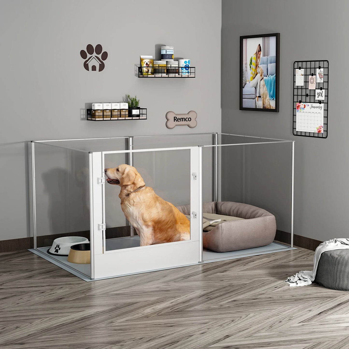 BINGOPAW Large Acrylic Dog Playpen Fence With Waterproof Mat