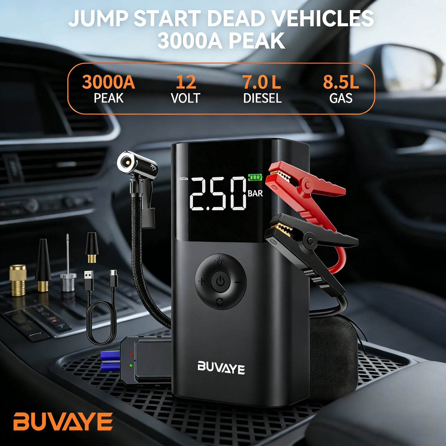 BUVAYE 12V Car Jump Starter With 150PSI Air Compressor