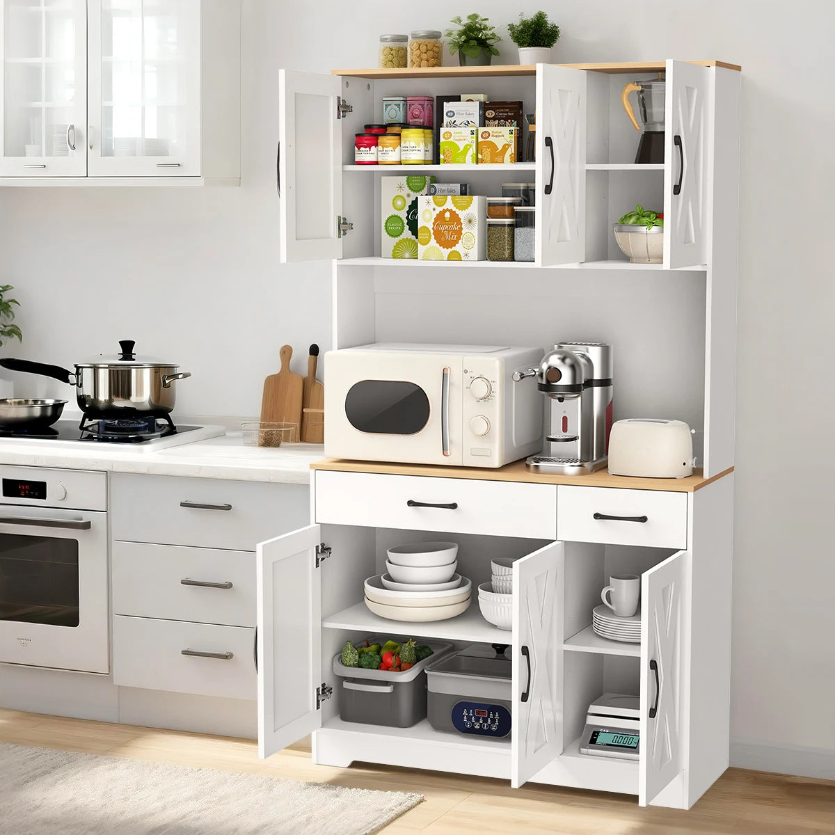 Huisenitre Freestanding Kitchen Pantry With Charging Station And Shelves