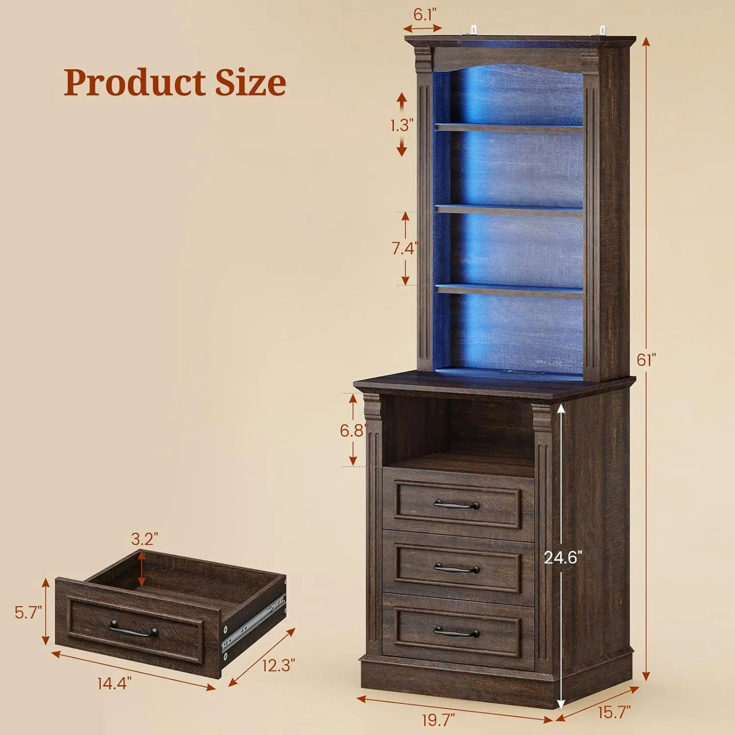 Frame Modern Nightstand With Three Drawers Charging Station LED