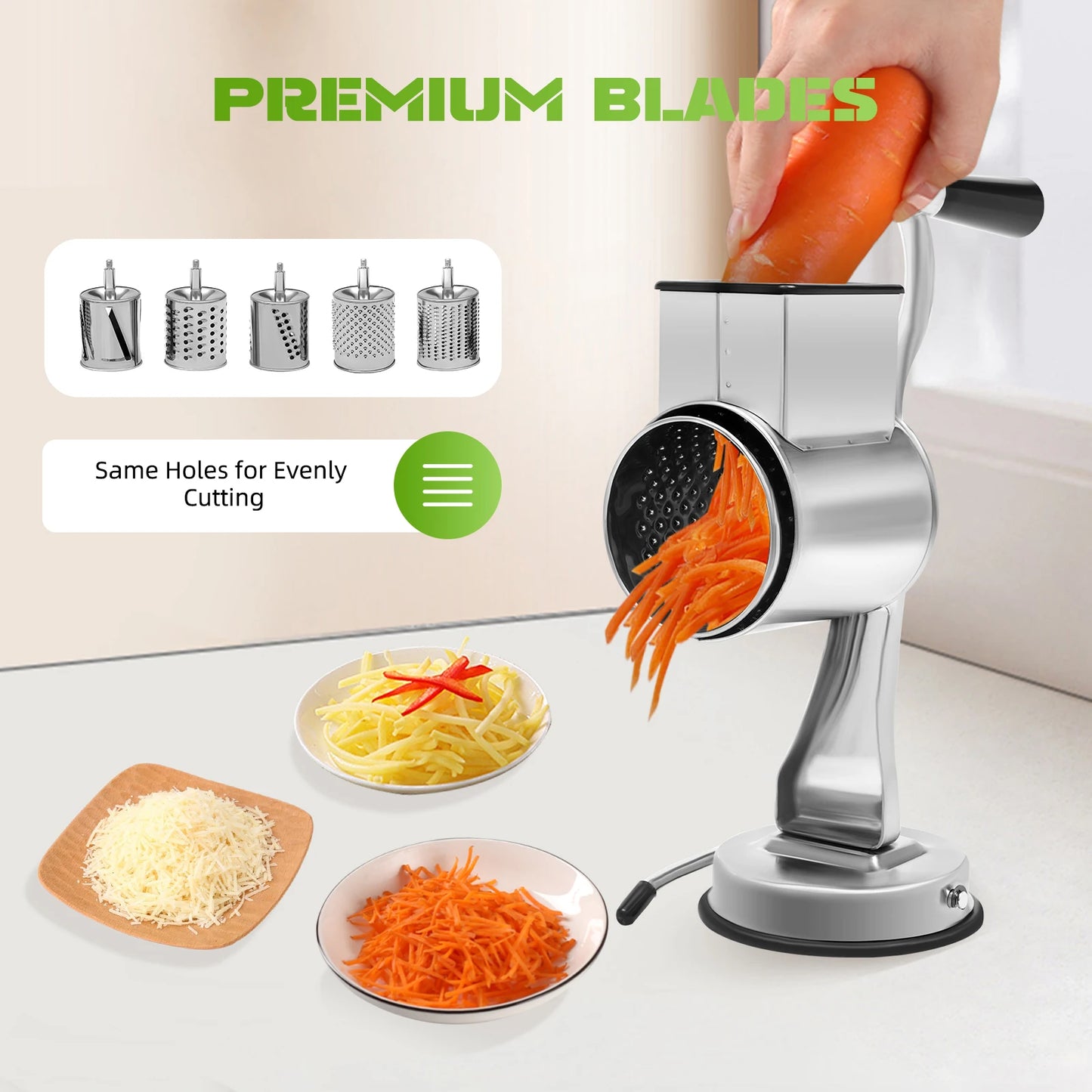 Rotary Grater With 5 Stainless Steel Blades For Vegetables