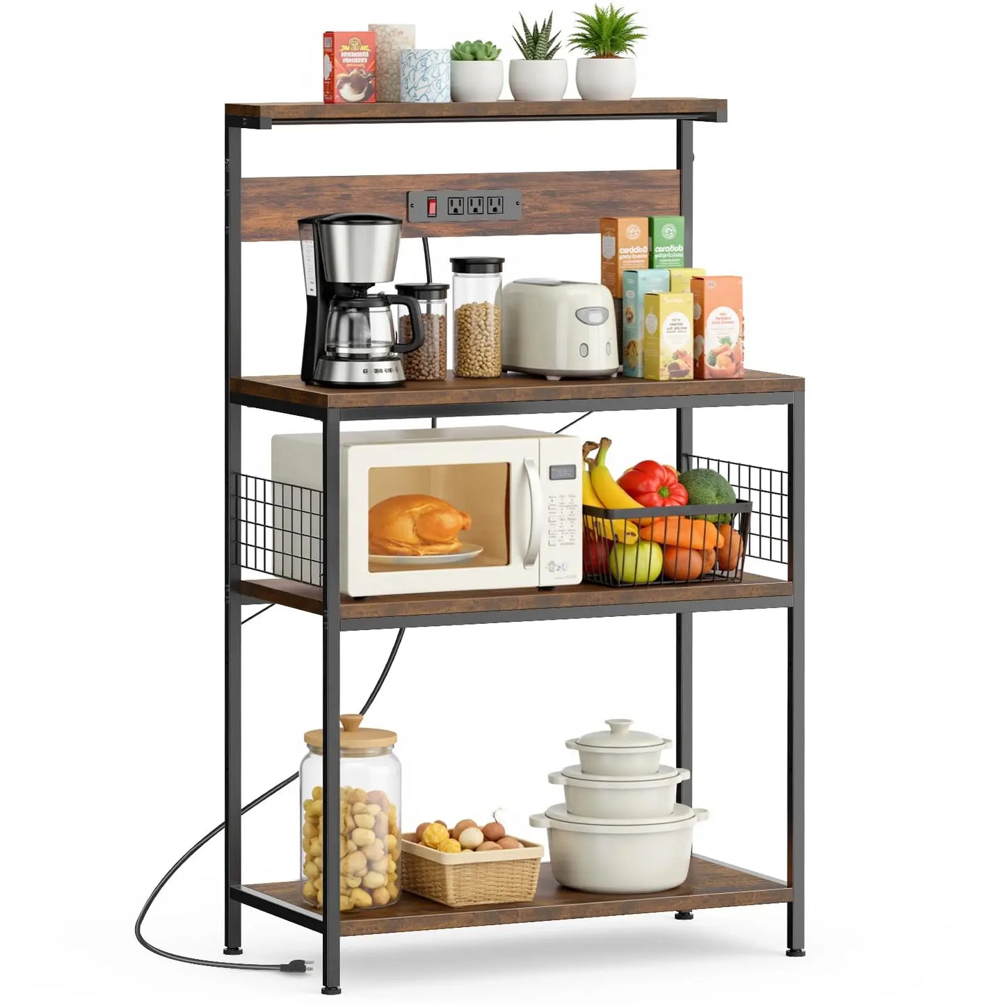 JHK Kitchen Bakers Rack With Power Outlet 4 Tier Microwave Oven Stand