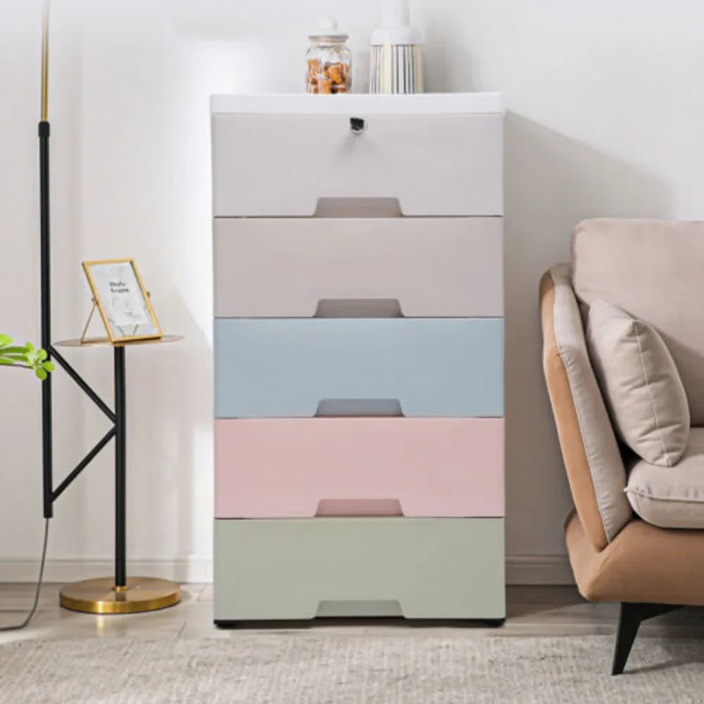 Bymaocar Dust-Proof 5-Drawer Plastic Storage Cabinet With Lockable Wheels