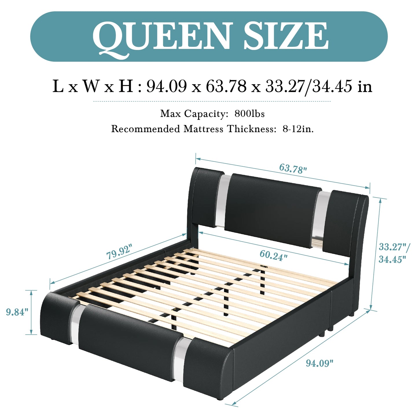 HOOMIC Modern Faux Leather Bed Frame With Adjustable Headboard
