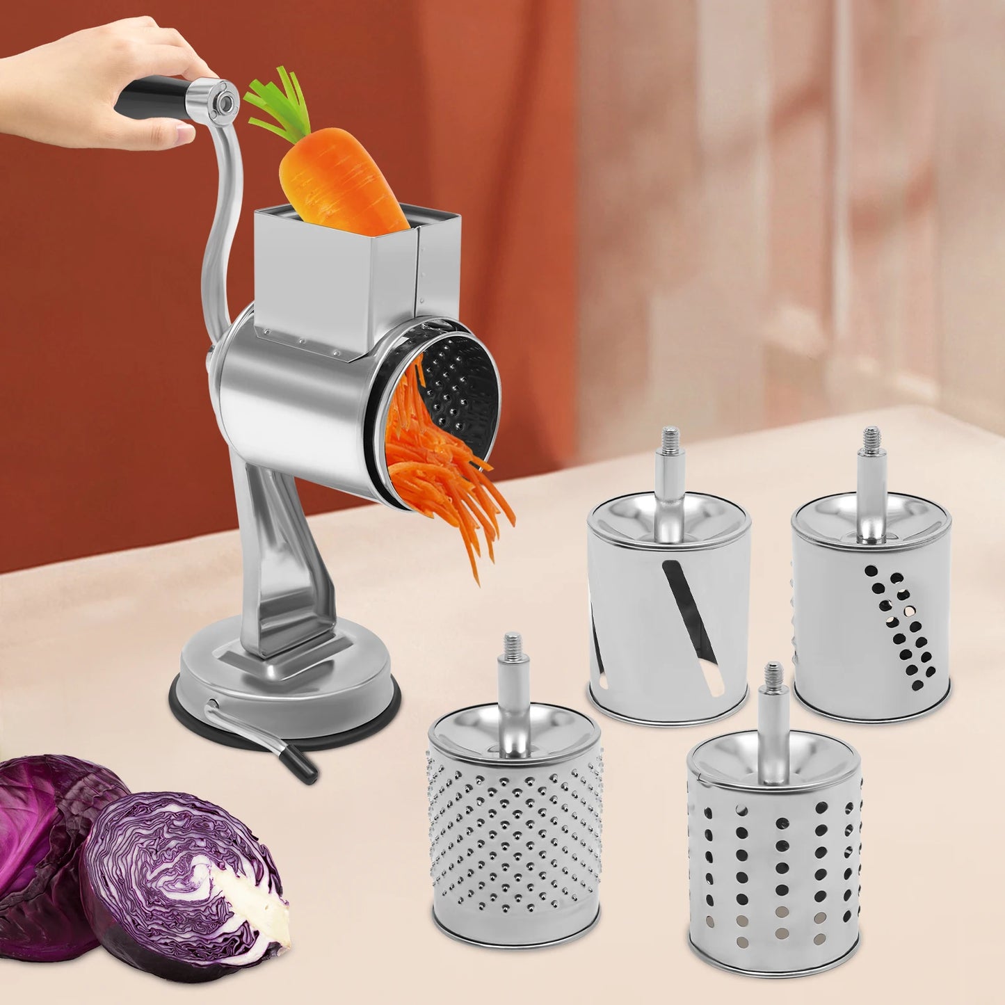 Rotary Grater With 5 Stainless Steel Blades For Vegetables