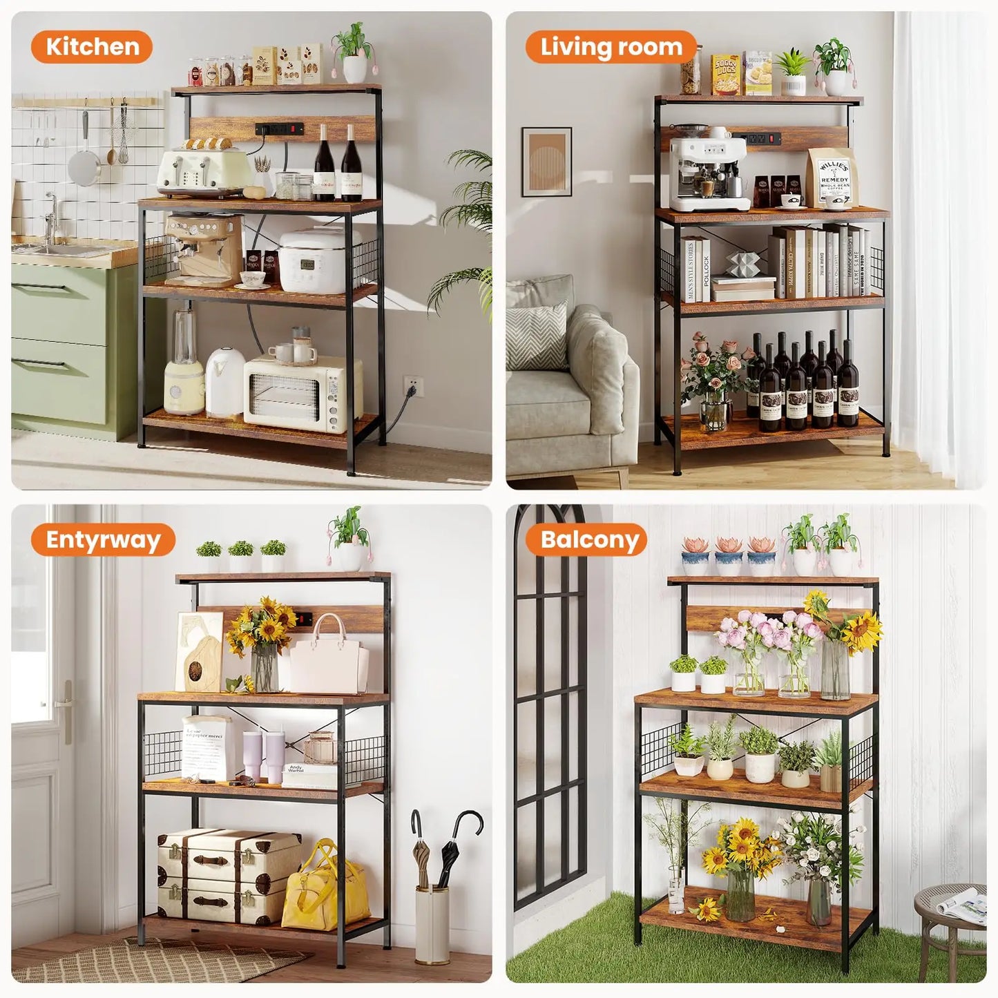 JHK Kitchen Bakers Rack With Power Outlet 4 Tier Microwave Oven Stand