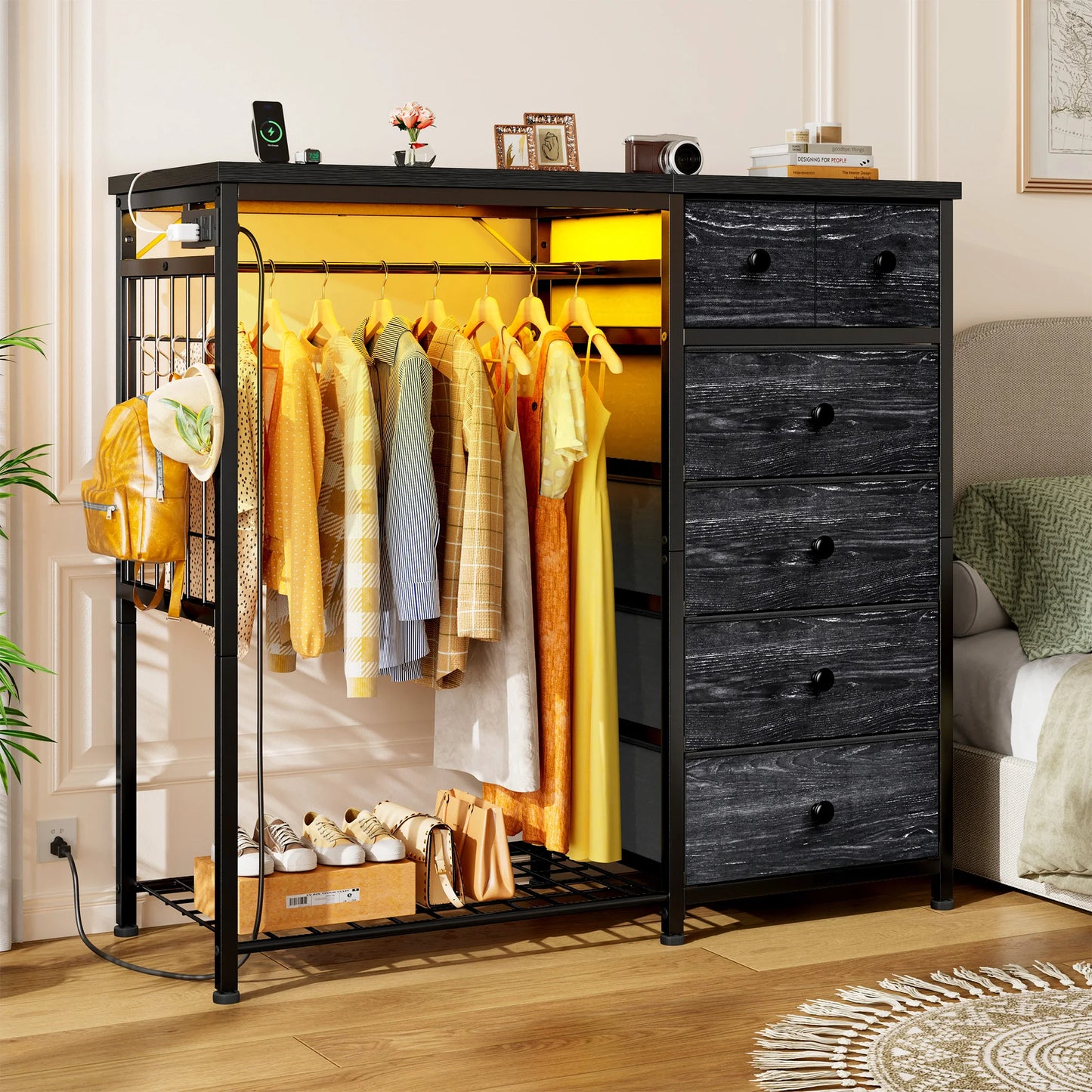 EnHomee 6-Drawer Fabric Dresser With Hanging Rack And Grid Panel