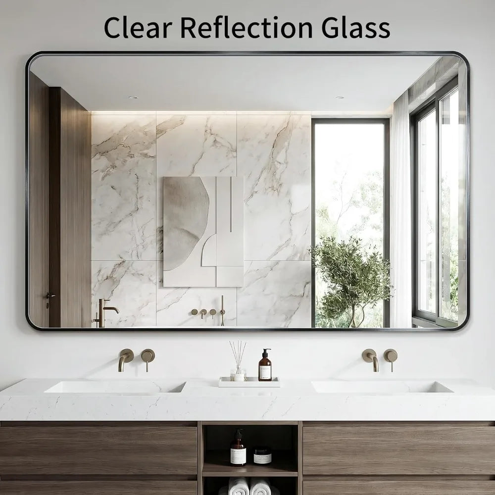 Bathroom Mirror With Black Metal Frame Tempered Glass