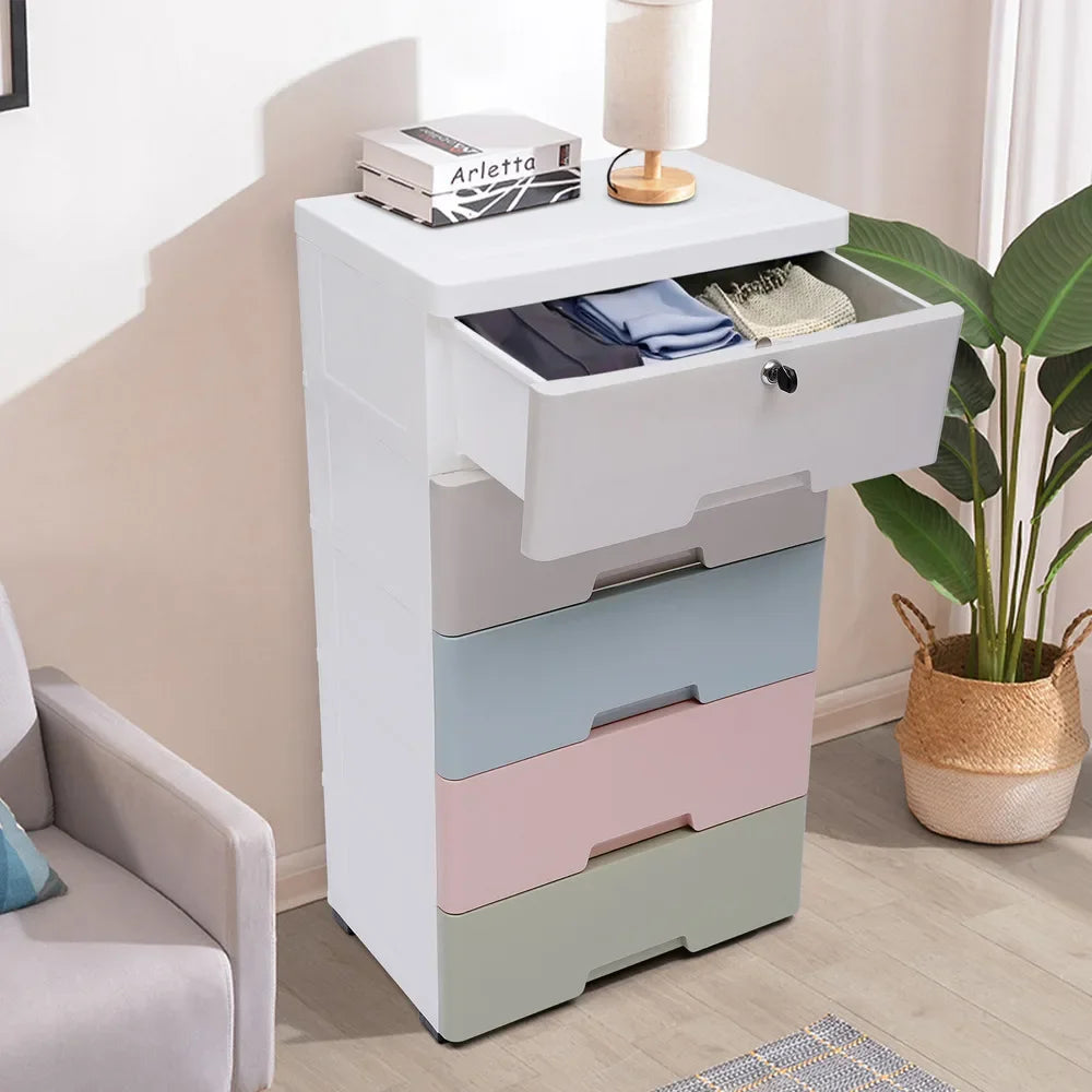 Bymaocar Dust-Proof 5-Drawer Plastic Storage Cabinet With Lockable Wheels