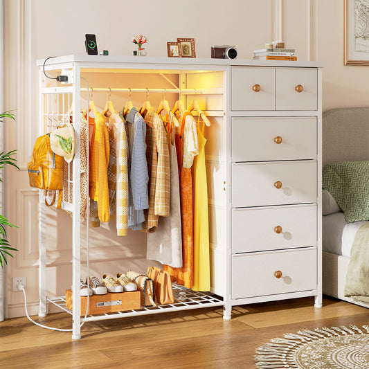 EnHomee 6-Drawer Fabric Dresser With Hanging Rack And Grid Panel