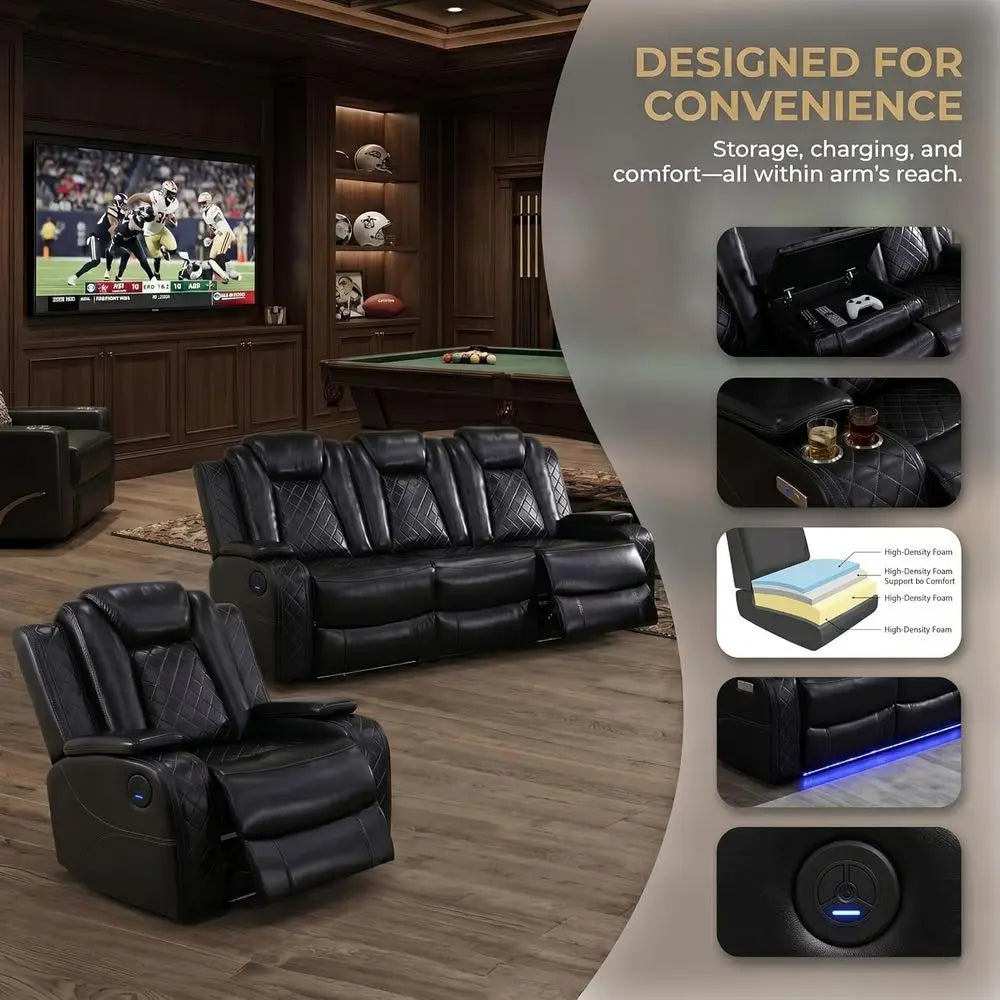 Leather 3-Piece Power Reclining Sofa Set with USB and Storage