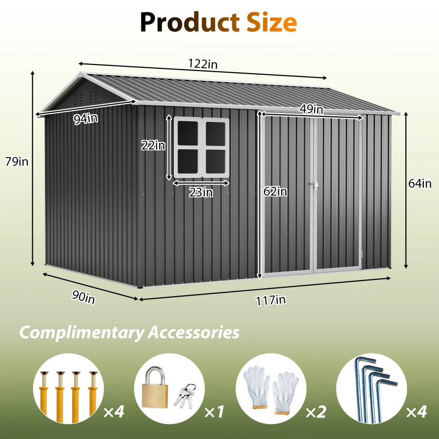 Oversized Steel Storage Shed With Window And Lockable Doors