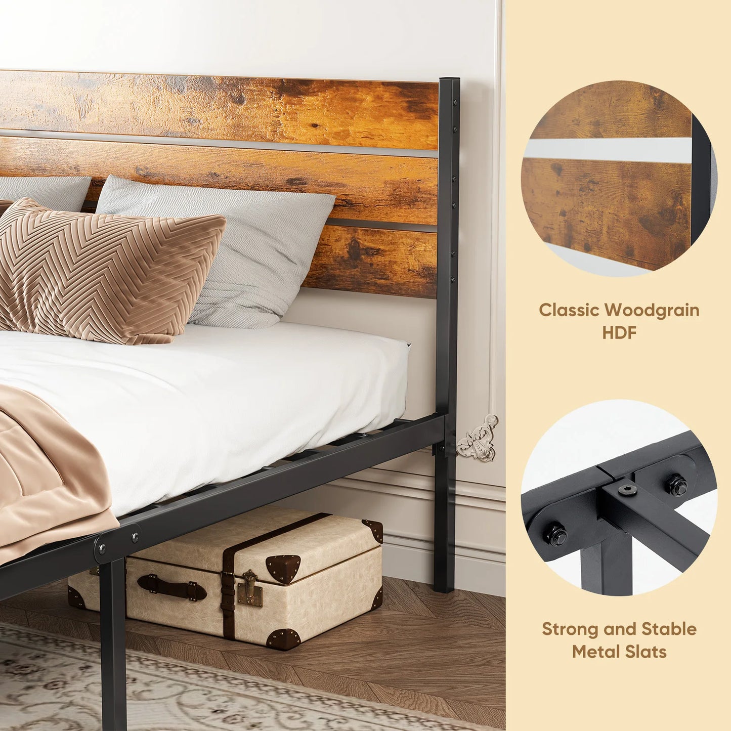 MCQ Wooden Headboard Metal Platform Bed Frame With 700 Lbs
