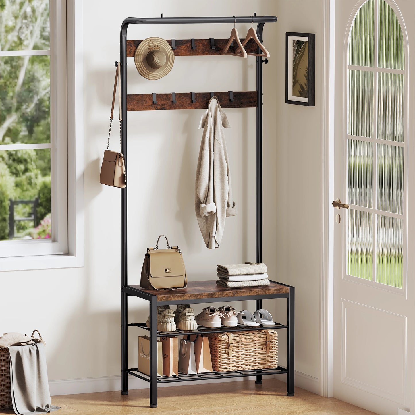 JHK 4-In-1 Coat Rack With Shoe Bench And Entryway Storage