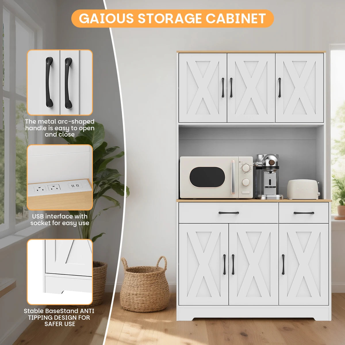 Huisenitre Freestanding Kitchen Pantry With Charging Station And Shelves