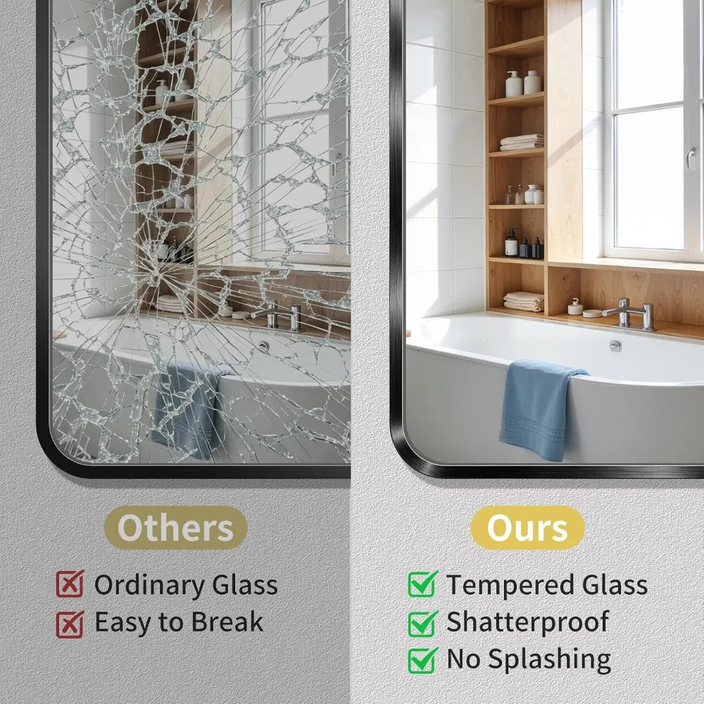 Bathroom Mirror With Black Metal Frame Tempered Glass