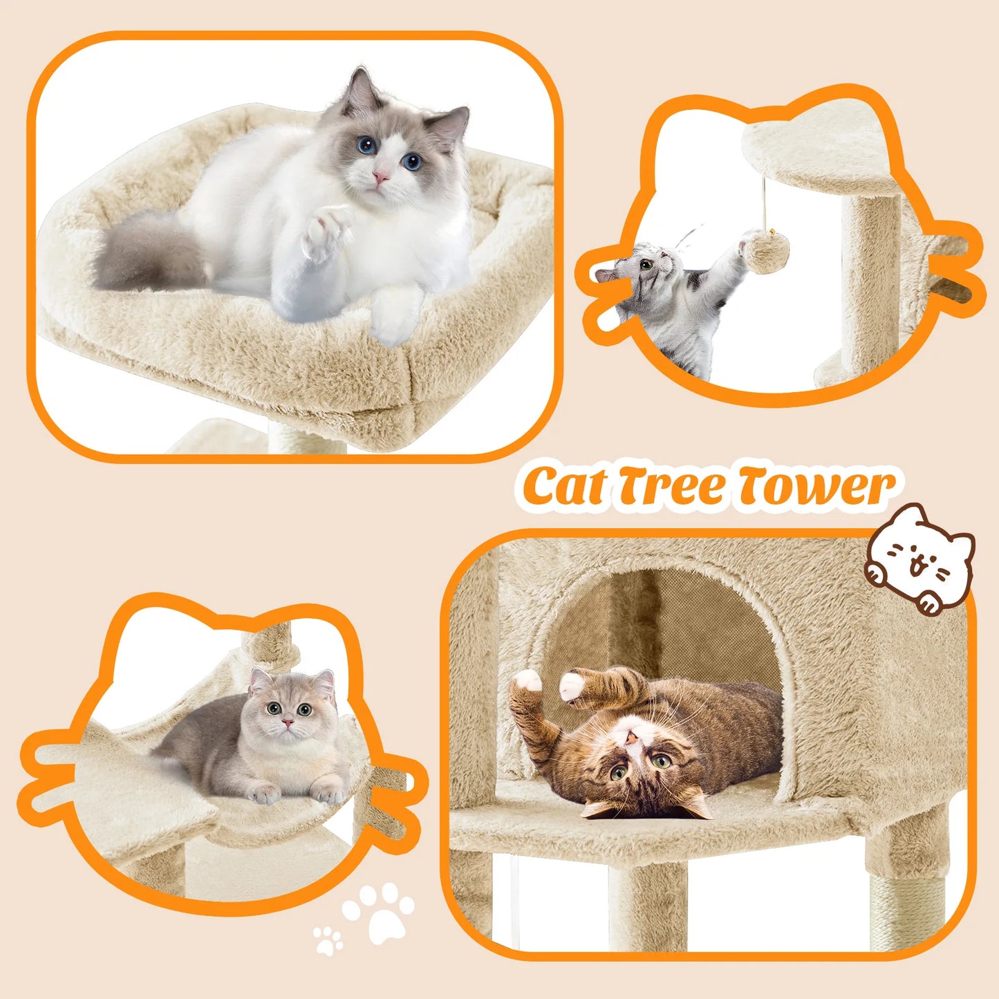 MCQ Cat Tree Tower With Natural Sisal Scratching Posts Pet Condo