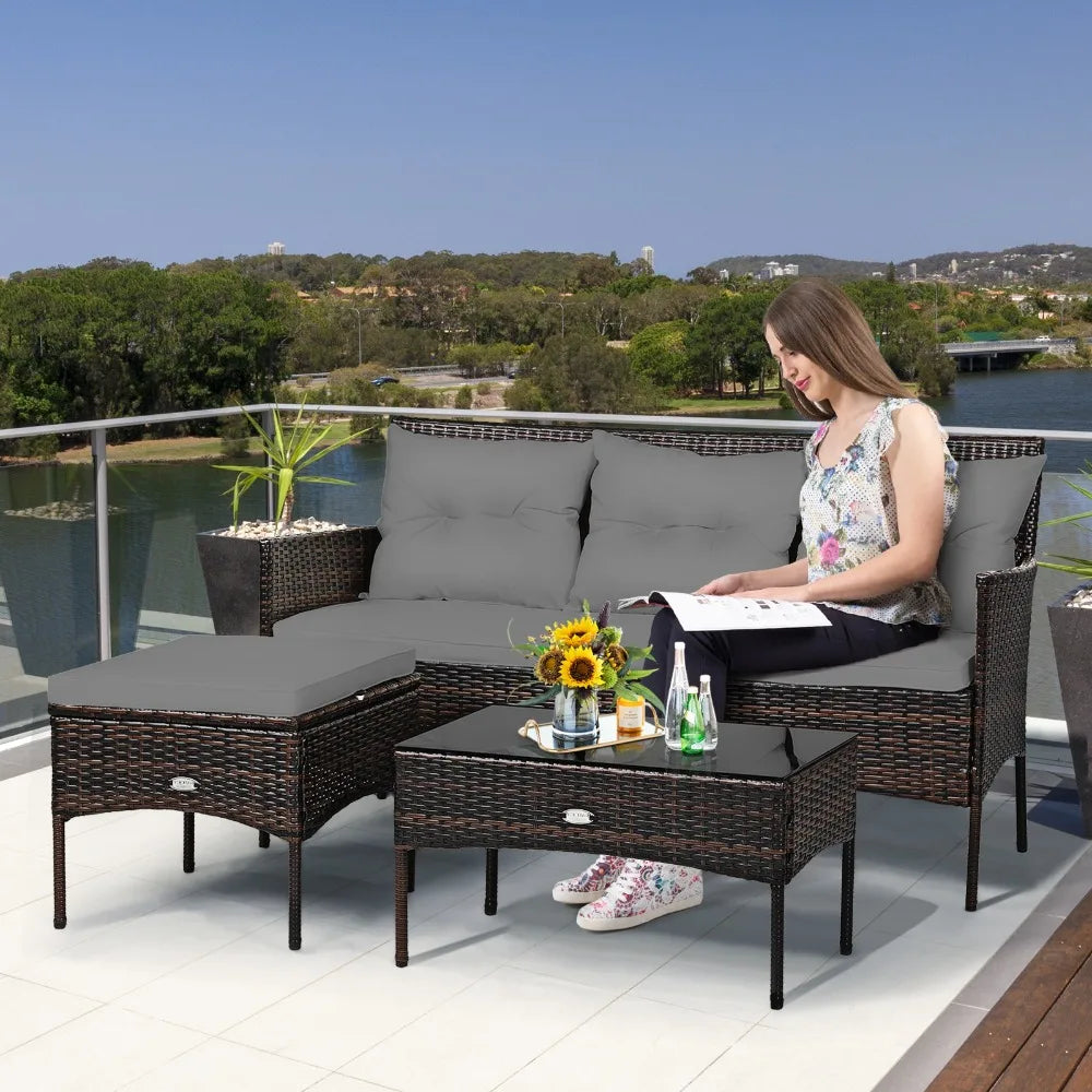 Patiojoy 3 Piece Rattan Patio Furniture Set With Cushioned Table