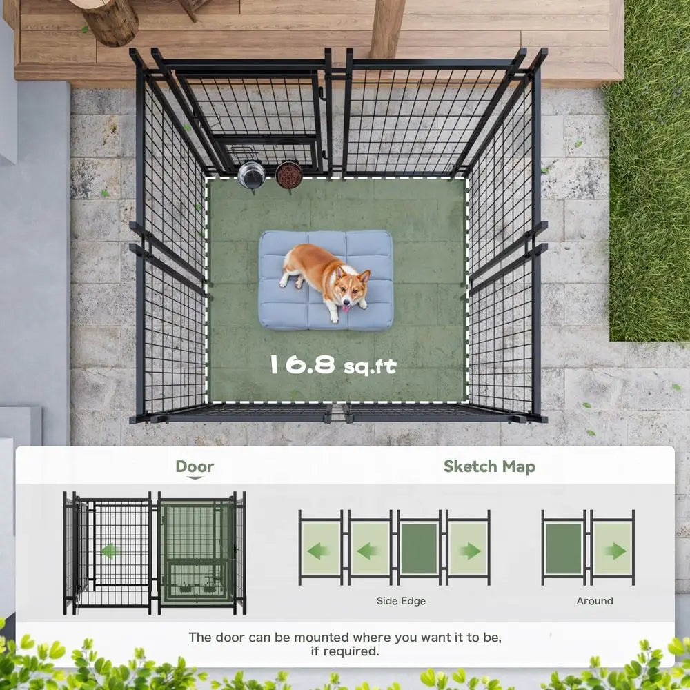 Sturdy Steel Outdoor Dog Kennel With Lockable Door Rotating Bowls