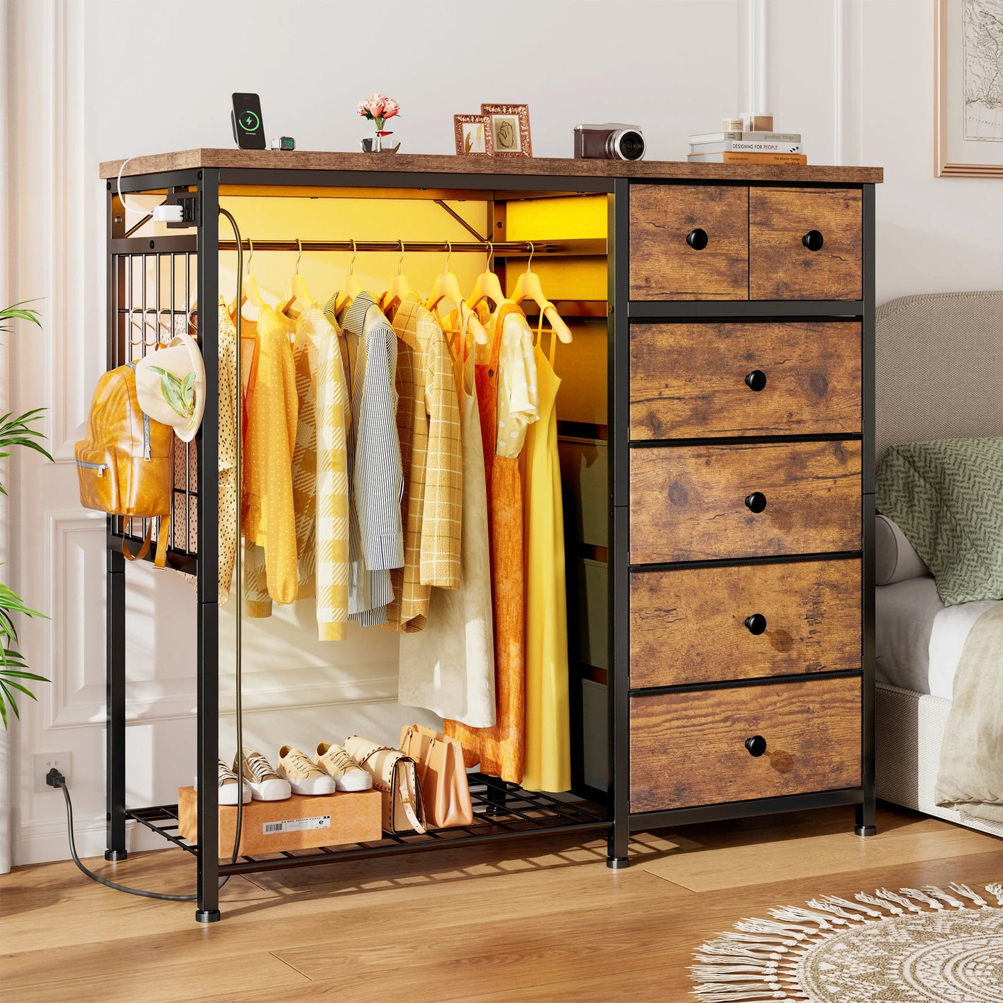 EnHomee 6-Drawer Fabric Dresser With Hanging Rack And Grid Panel