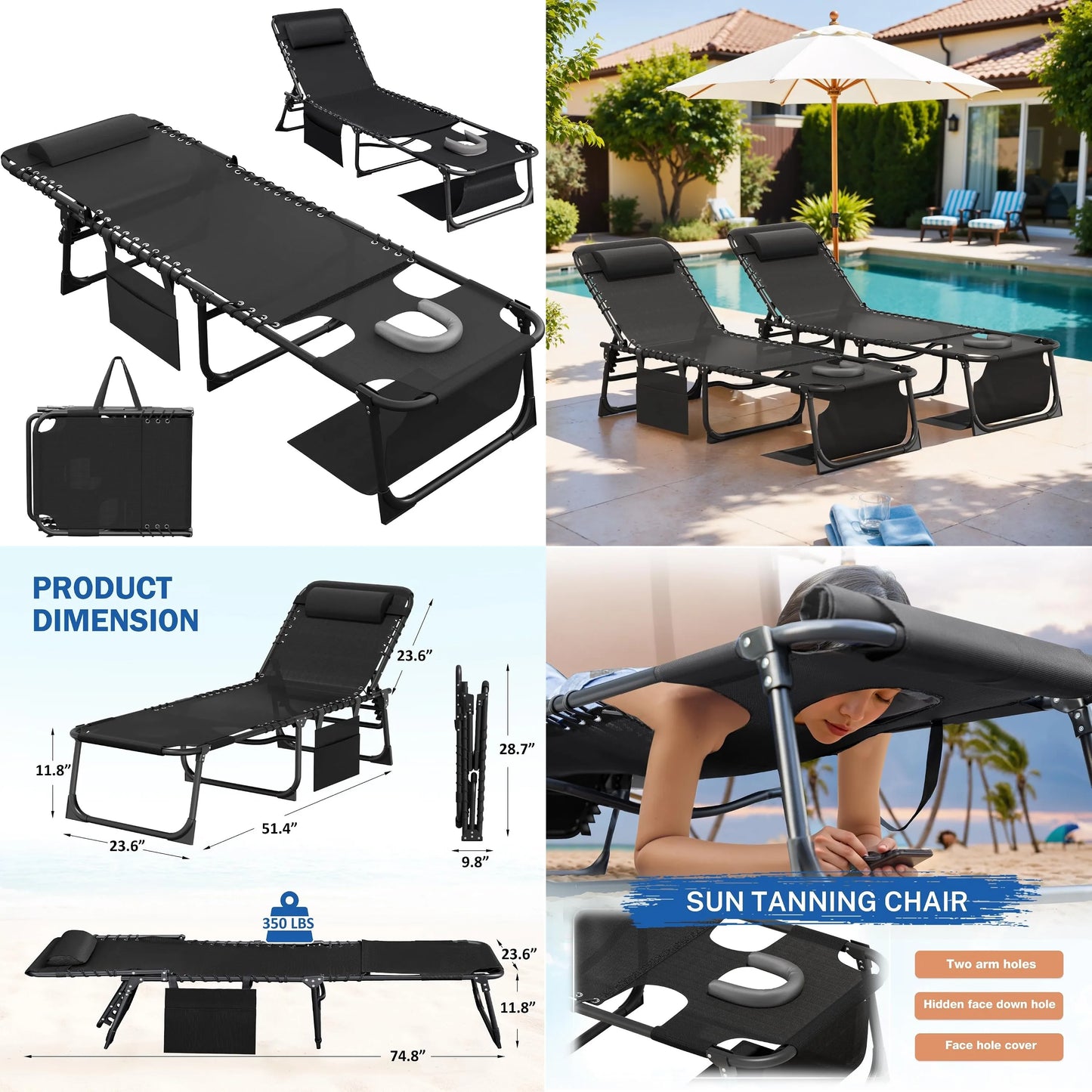 Outdoor Folding Lounge Chair With Face Hole For Pool Patio