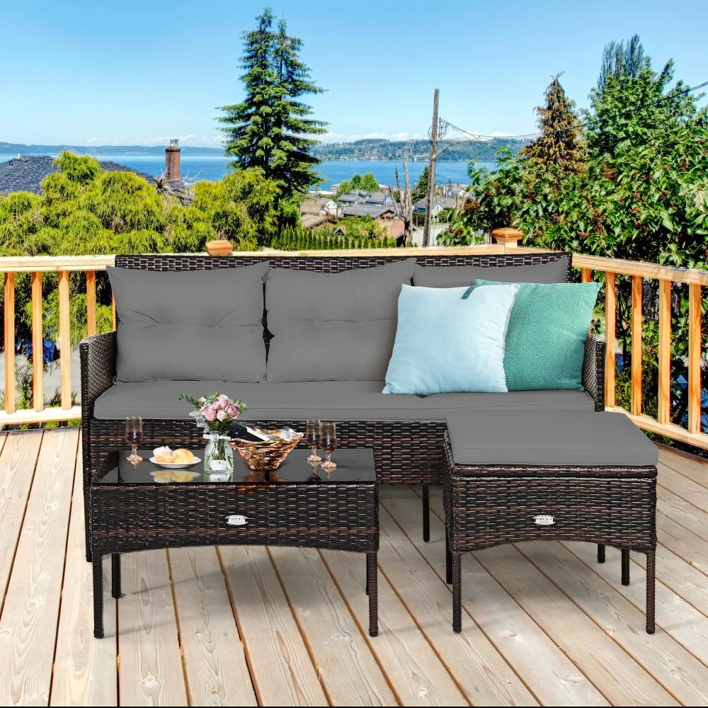 Patiojoy 3 Piece Rattan Patio Furniture Set With Cushioned Table