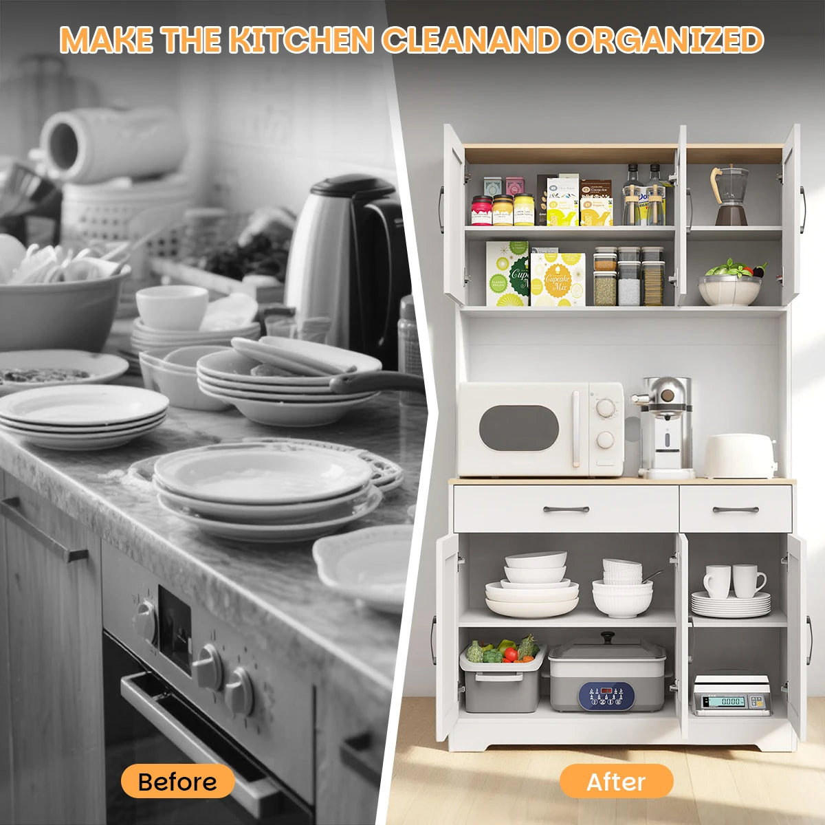 Huisenitre Freestanding Kitchen Pantry With Charging Station And Shelves