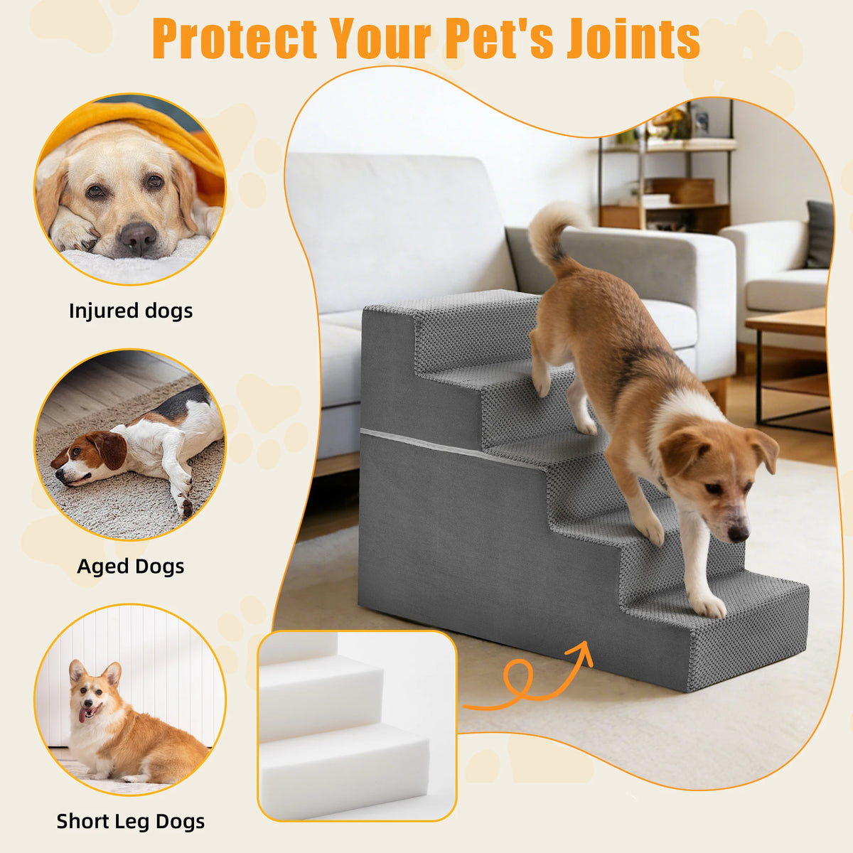 JHK 3 To 5 Step Curved Foam Dog Stairs Ramp