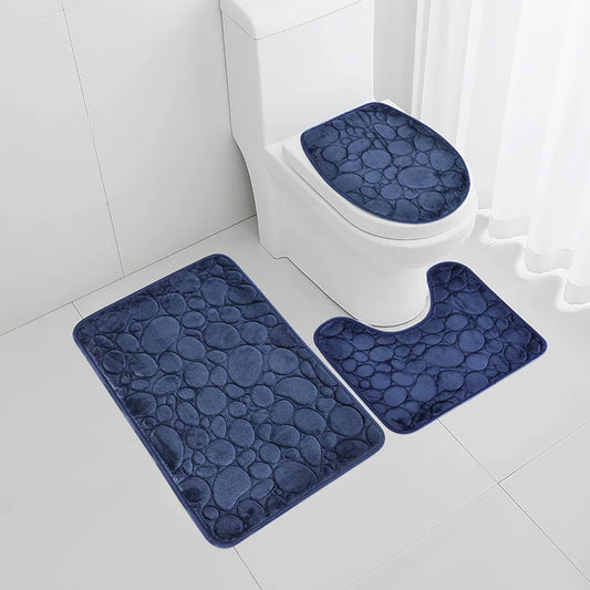 Three-Piece Microfiber Bathroom Mat Set Non-Slip Water Absorbent Stone Pattern