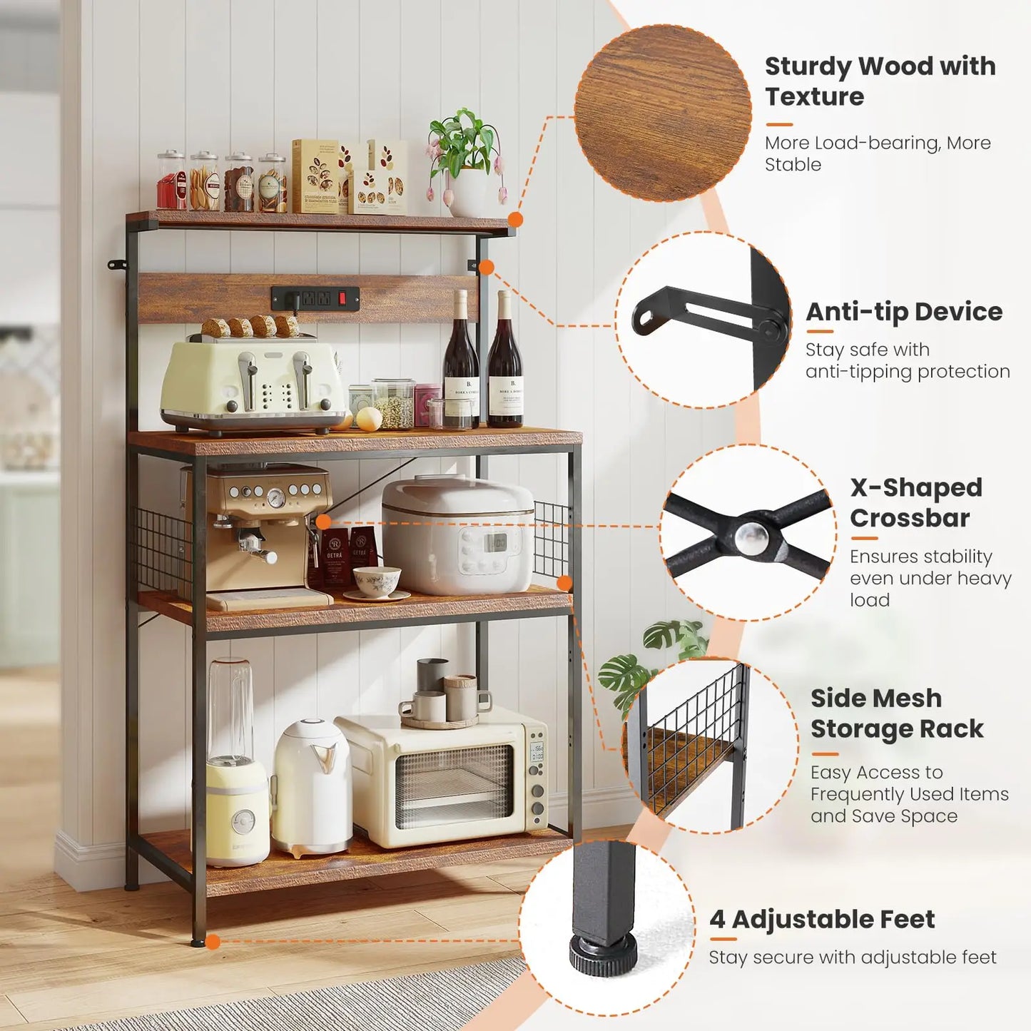 JHK Kitchen Bakers Rack With Power Outlet 4 Tier Microwave Oven Stand