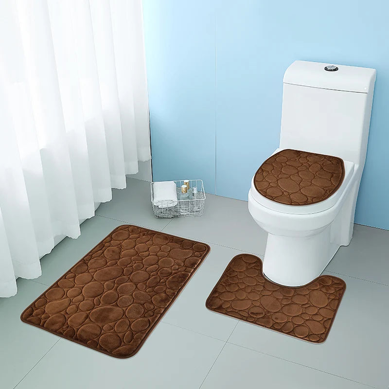Three-Piece Microfiber Bathroom Mat Set Non-Slip Water Absorbent Stone Pattern