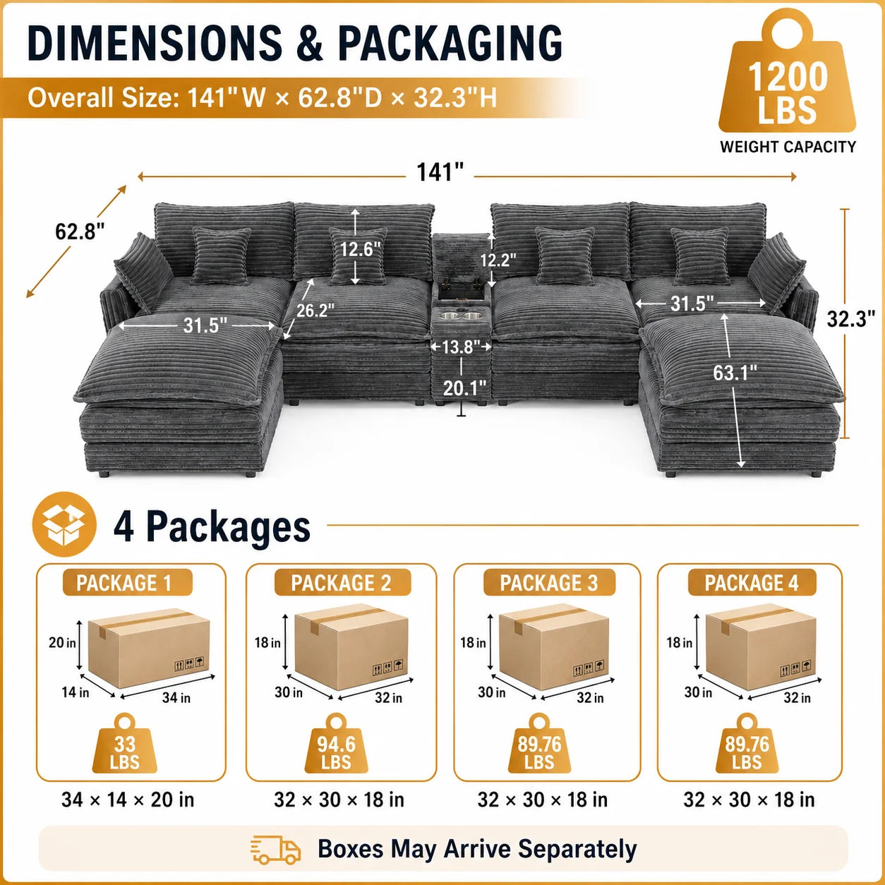 7-Piece U Shaped Modular Sofa Set With Console Coffee Table